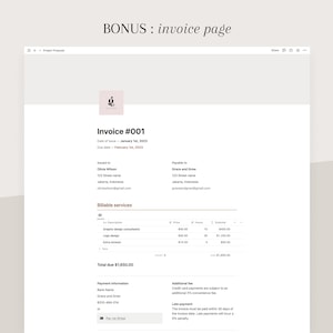 May include: Invoice #001 for $1,650.00 due February 1st, 2023. Billable services include graphic design consultation, logo design, and extra revision. Payment information includes bank name, account number, and the option to pay via Stripe.