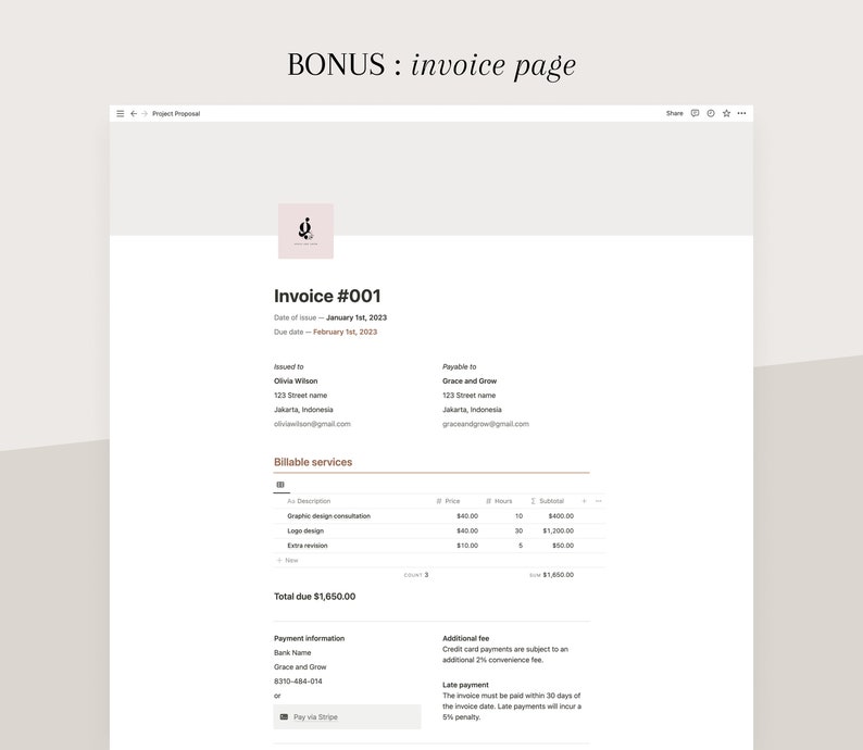 May include: Invoice #001 for $1,650.00 due February 1st, 2023. Billable services include graphic design consultation, logo design, and extra revision. Payment information includes bank name, account number, and the option to pay via Stripe.