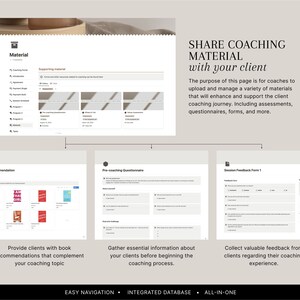 May include: Screenshot of a website showing a coaching platform with a section for sharing coaching materials with clients. The website features a list of coaching materials, including book recommendations, pre-coaching questionnaires, and session feedback forms. The website also includes a section for easy navigation, integrated database, and all-in-one features.