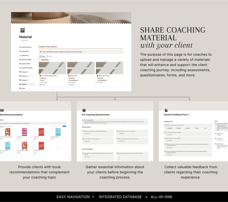 May include: Screenshot of a website showing a coaching platform with a section for sharing coaching materials with clients. The website features a list of coaching materials, including book recommendations, pre-coaching questionnaires, and session feedback forms. The website also includes a section for easy navigation, integrated database, and all-in-one features.