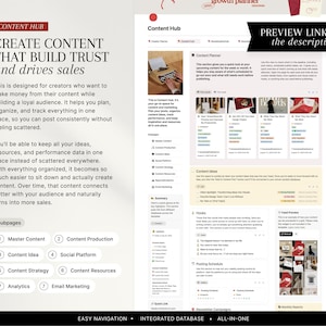 Pu&ograve; includere: Interfaccia digitale di un hub di contenuti con un layout pulito e organizzato. Il design presenta sezioni per pianificare, organizzare e monitorare i contenuti, con il testo "CREATE CONTENT THAT BUILD TRUST and drives sales". Include un link di anteprima nella descrizione.