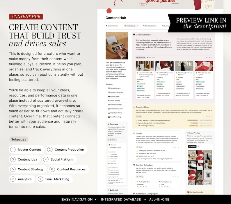 Pu&ograve; includere: Interfaccia digitale di un hub di contenuti con un layout pulito e organizzato. Il design presenta sezioni per pianificare, organizzare e monitorare i contenuti, con il testo "CREATE CONTENT THAT BUILD TRUST and drives sales". Include un link di anteprima nella descrizione.