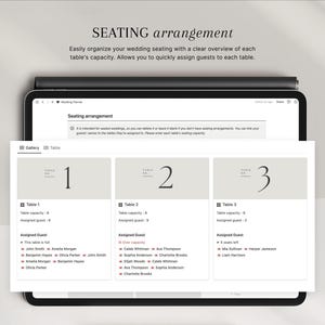May include: A digital wedding planner on a tablet screen, displaying a seating arrangement interface. The screen shows tables numbered 1, 2, and 3, with guest lists and table capacities. The text "SEATING arrangement" is at the top.