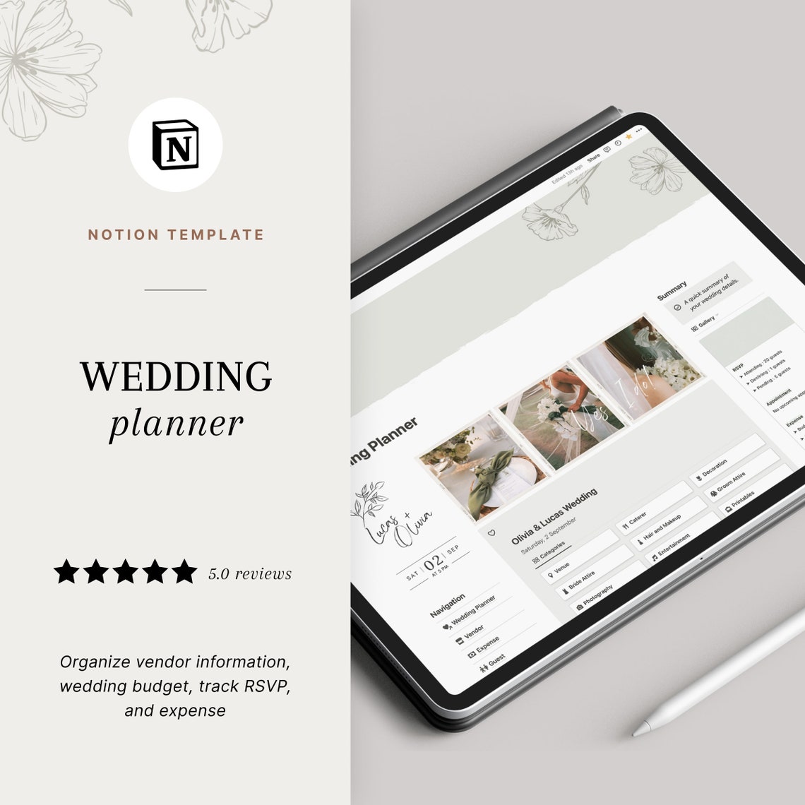 Wedding Planner Notion Template, Digital Wedding Planner, Notion Wedding Planner Notion Template, Digital Wedding Planner, Notion