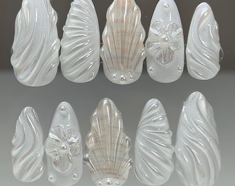White pearly 3d seashell press on nails, beach nail art, summer nails