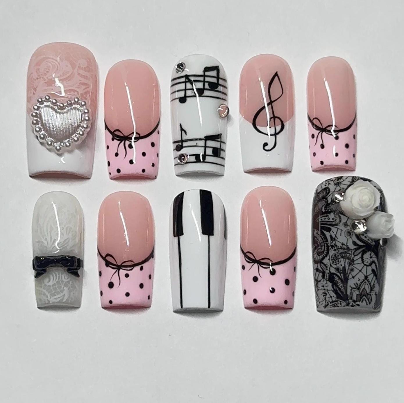Pink Musical Press On Nails Piano, Lace & Music Notes