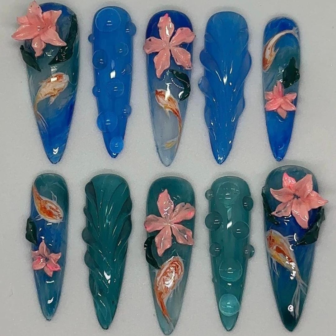Koi Fish Nails, Koi Fish Nail Art, 3d Flower Nails, Pond Nails, Water ...