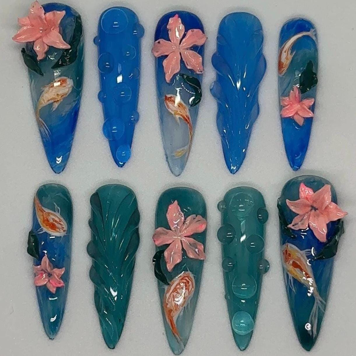 Koi fish nails, koi fish nail art, 3d flower nails, pond nails, water nails, koi fish pond, hand painted nails, press on nails, flower nails