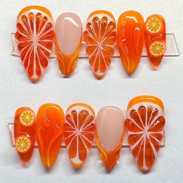 Orange nails | fruit nails | orange slice inspired press ons | orange color nails | almond nails | 3d nail art | citrus nails | summer nails