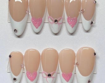 pink valentines nails| French tip nails| valentines| press ons for Valentine’s Day| pink coquette nails| bow nail art| glitter nails