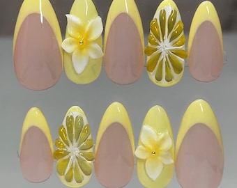 Lemon slice inspired press on nails, butter yellow French tips faux nails, fruit nails