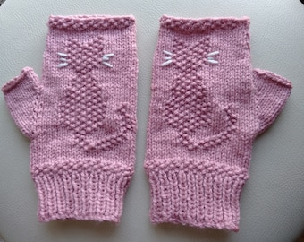 Cat Knitted Fingerless Mittens in Moss Stitch. Pattern Only, using 8ply yarn and 3.75mm circular needles.