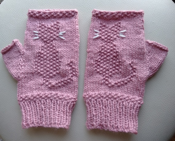 Cat Knitted Fingerless Mittens in Moss Stitch. Pattern Only, using 8ply yarn and 3.75mm circular needles.