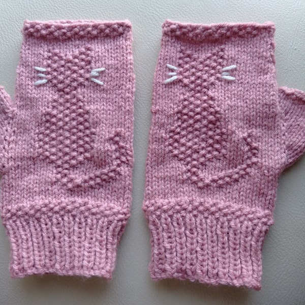 Cat Knitted Fingerless Mittens in Moss Stitch. Pattern Only, using 8ply yarn and 3.75mm circular needles.