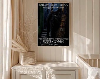 salem cat sanctuary poster ferals and familiars welcome art print black cat lover wall art wiccan decor halloween gift poster