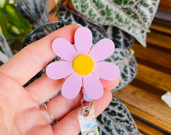Flower Badge Reel: Pink Daisy ID Holder Pastel Acrylic Lanyard
