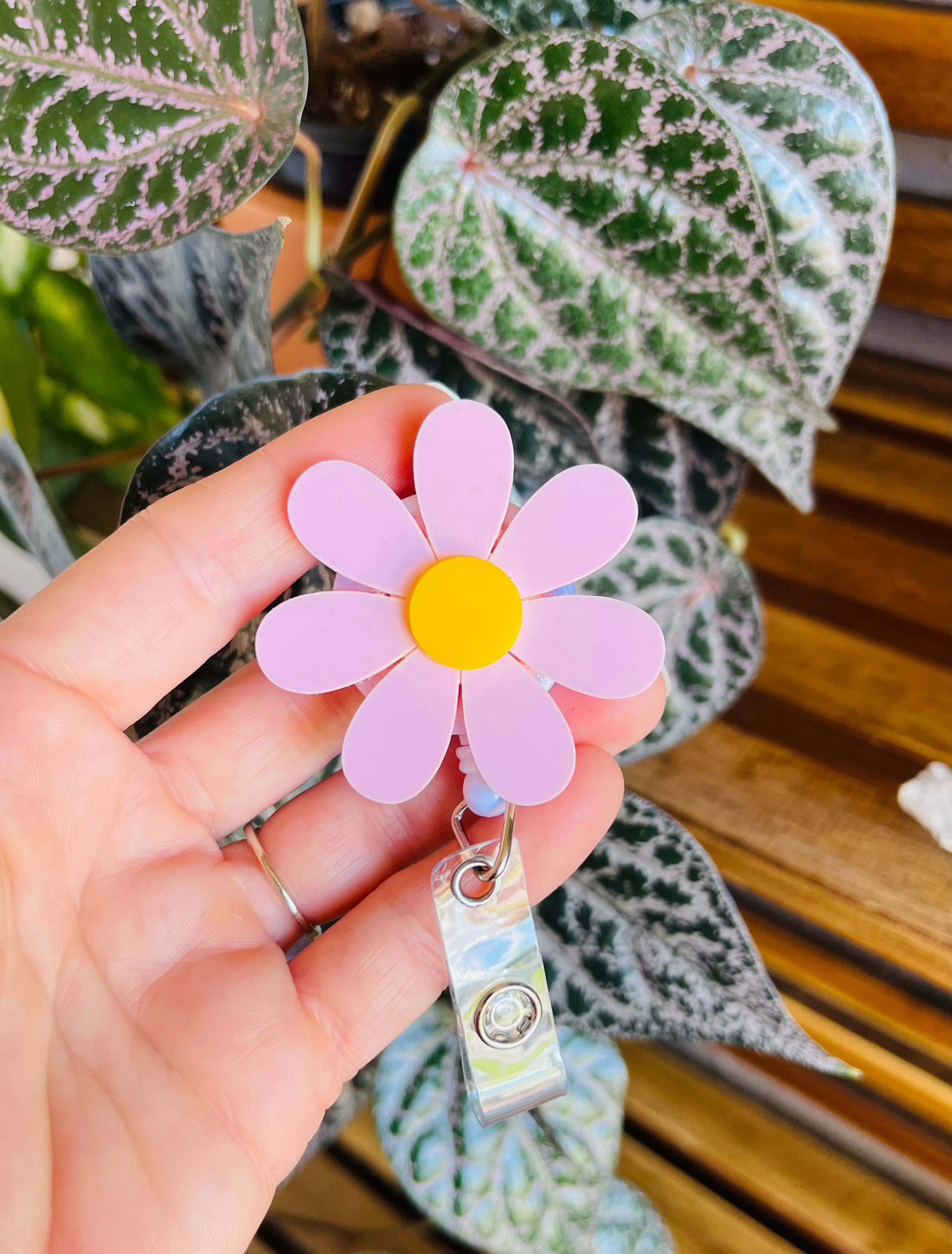 Flower Badge Reel: Pink Daisy ID Holder Pastel Acrylic Lanyard