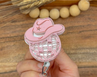 Country Music Badge Reel Mirrored Disco Ball Cowgirl Hat Badge Reel, Pink Glitter Retractable ID badge reel, Retro Dance, nurse badge reel