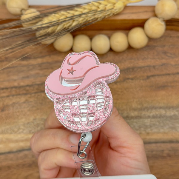 Country Music Badge Reel Mirrored Disco Ball Cowgirl Hat Badge Reel, Pink Glitter Retractable ID badge reel, Retro Dance, nurse badge reel