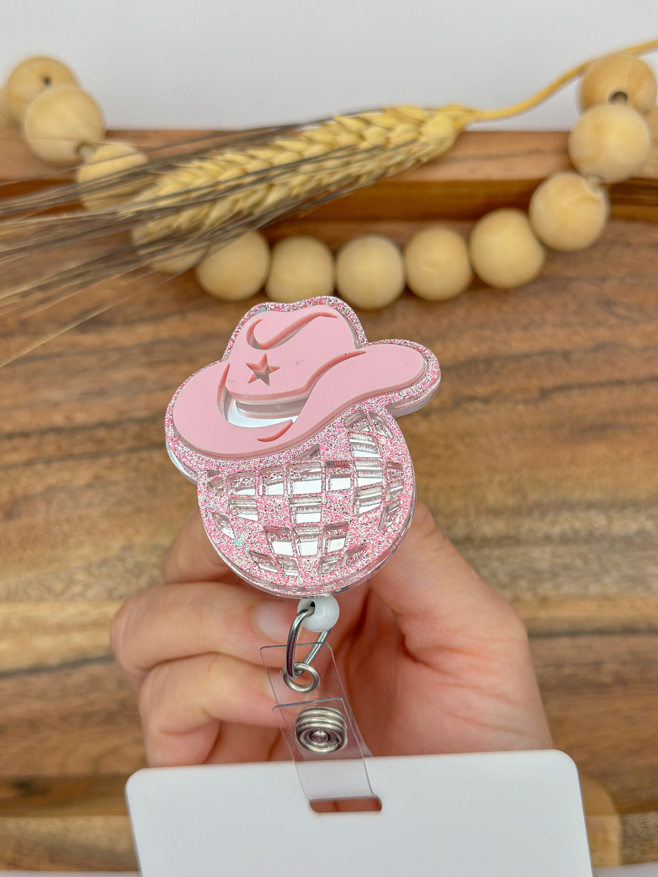 Country Music Badge Reel Mirrored Disco Ball Cowgirl Hat Badge