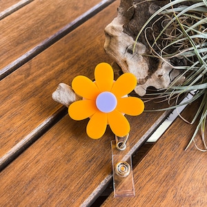 Orange Flower Badge Reel: Lavender Center, Retractable ID Badge