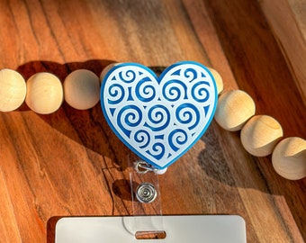 Heart Ocean Waves Badge Reel two tones blue Retractable ID badge reel, Work badge reel, Badge Reel Accessories Muted Pastel