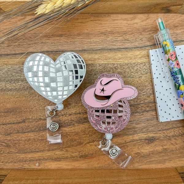 Disco Ball Cowgirl Hat Badge Reel, Checkered Heart Set of 2 Retractable ID badge Mirrored Retro Dance, Nurse Badge Reel Western Badge Holder