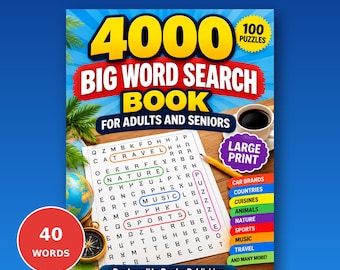 Peut inclure: Un livre de mots mêlés en gros caractères intitulé 4000 Big Word Search Book for Adults and Seniors par LevelUp Books Publishing. La couverture présente une grille de mots, un globe, une boussole, une tasse de café et des catégories.
