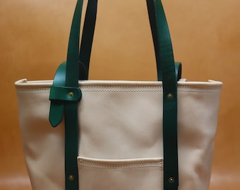 All Natural Veg Tan Leather Tote Bag with Green Bridle Strap (Handles)