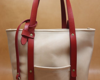 All Natural Veg Tan Leather Tote Bag with Red Bridle Strap (Handles)