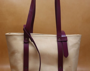 All Natural Veg Tan Leather Tote Bag with Purple Bridle Strap (Handles)
