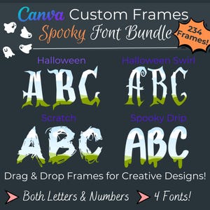 Può includere: Grafica promozionale per un pacchetto di font Canva Spooky, con quattro font a tema Halloween. I font includono "Halloween", "Halloween Swirl", "Scratch" e "Spooky Drip", ognuno dei quali mostra le lettere "ABC". La grafica evidenzia anche 234 cornici.