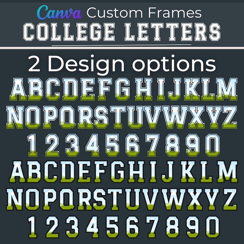 College Collegiate Canva Drag & Drop Frames, Sport Letters, University Font.