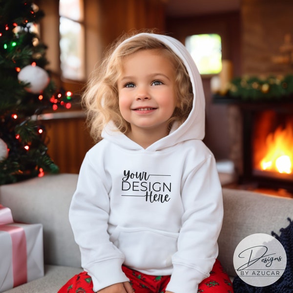 Kid Hoodie Mockup for Christmas | Gildan 18500 Toddler Model | White Pullover Hooded Sweatshirt | Digital Template Download | Holiday Winter