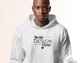 African American White Hoodie Mockup | Gildan 18500 Pullover Hooded Sweatshirt | Digital Download Template | Closeup & Zoomed Stock Image