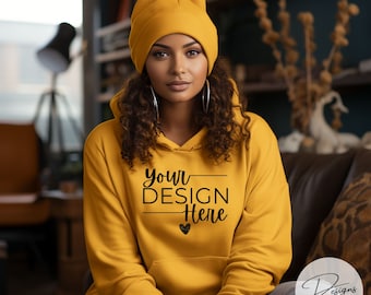 Gold Hoodie Mockup African American Model | Pullover Hooded Sweatshirt | Digital Download Template | Fall Autumn Boho