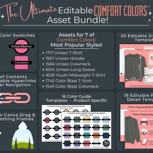May include: A digital product bundle for creating apparel designs using Comfort Colors brand apparel. The bundle includes 324 color swatches, 16 color guide templates, 7 custom Canva drag and drop clothing frames, 19 editable product detail templates, and 20 editable size guide templates.