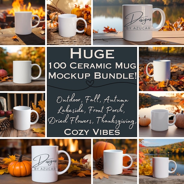 HUGE 100 Mug Mockup Bundle For White Ceramic Cups | Digital Downloads of Mockups With Dried Flower Accents, Foliage, Pumpkins, And More!