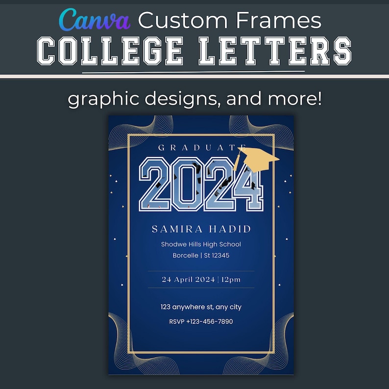 College Collegiate Canva Drag & Drop Frames, Sport Letters, University Font.