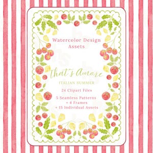 Amore Aquarell Illustration Paket, Italienischer Sommer Bauernmarkt Clipart Gouache Hintergrund, Streifen Muster, Tomaten Rahmen, gewellter Rahmen