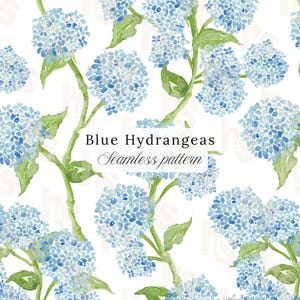 Puede incluir: Patrón de acuarela sin costuras con hortensias azules con hojas y tallos verdes. El texto "Blue Hydrangeas Seamless pattern" se muestra sobre un fondo blanco. El diseño floral se repite en toda la imagen.