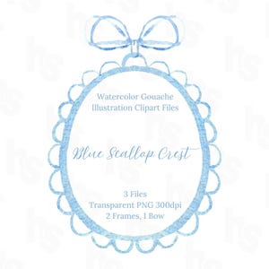 Blue Scallop Wavy Crest Frame Digital Watercolor Illustration Package Set - Classic Elegant Chinoiserie Bow - Hand Painted PNG Files