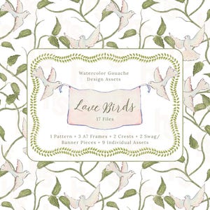 Op de afbeelding: Waterverf gouache design assets met een herhalend patroon van witte duiven en groene bladeren. Het centrale design is een banner met de tekst "Love Birds" en "17 bestanden". Inclusief frames, wapens en individuele assets.