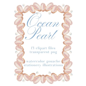 Ocean Pearl Saltwater Oyster Clipart PNG Files - Watercolor Gouache Illustration Package - Digital Pattern , Frame , Crest , Seaside, Bridal