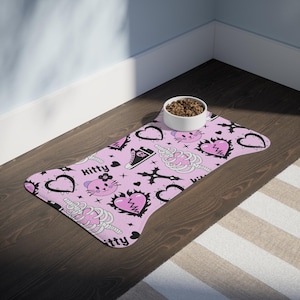 Punk Kitty Pattern Pet Feeding Mat | Pink Cat Hearts Bones