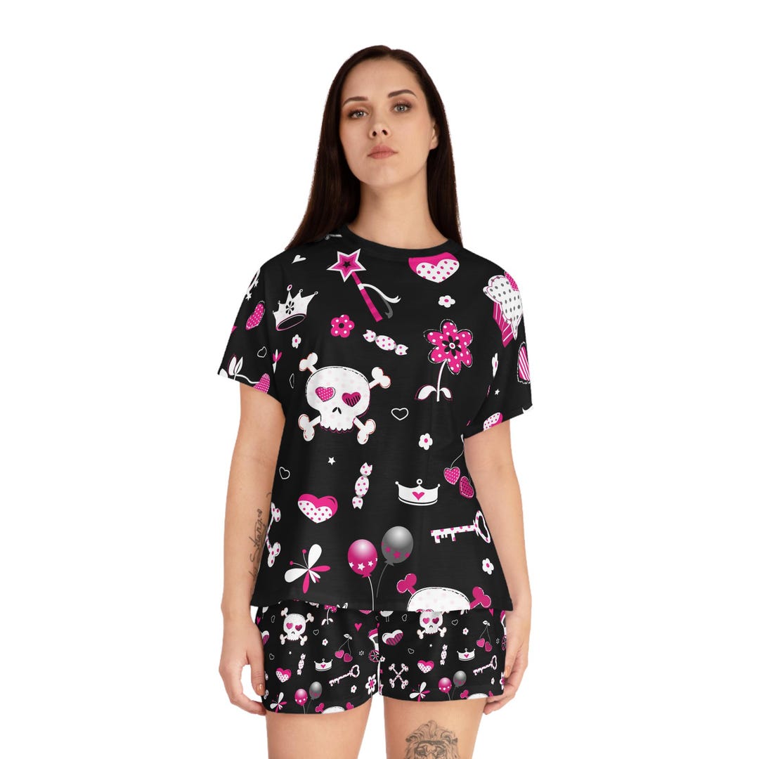 Skull Print Pajamas, Women's Black & Pink Sleepwear Set, Cozy Nightwear ...