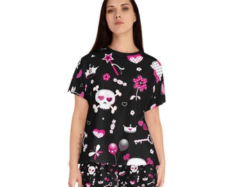 Skull Print Pajamas, Women's Black & Pink Sleepwear Set, Cozy Nightwear, Gothic Loungewear