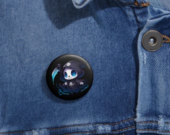 Grim Reaper Pin, Dark Charm Glossy Button Badge, Kawaii Illustration, Spooky Halloween Accessory