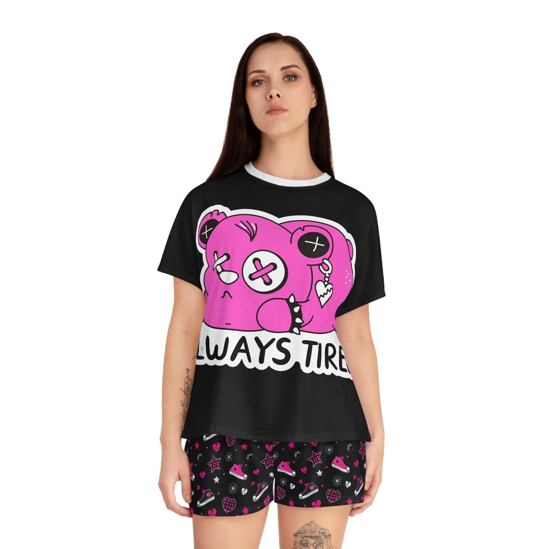 Tired Pyjamas Pink Bear Pajama Set, Sleepwear for Women, Always Tired Graphic, Cozy ...