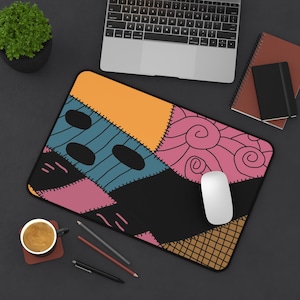 Tim Burton Desk Mat, Patchwork Sally Illustration, Colorful Abstract Stitching, Gothic Office Decor